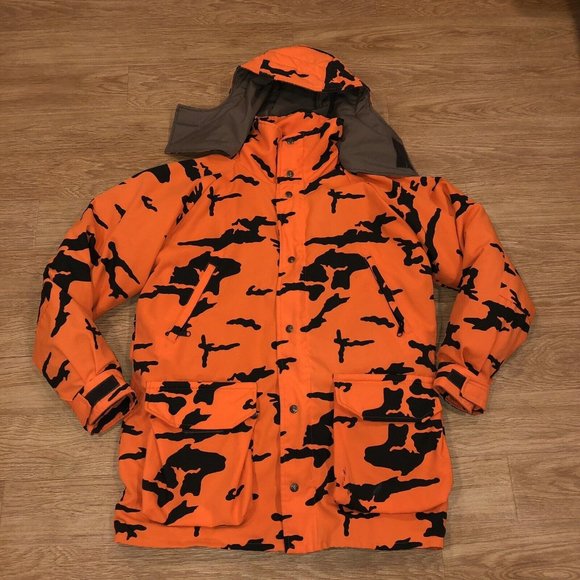 VTG Columbia Hunting Orange Camo Parka Thinsulate Jacket Hood Fleece Liner Med